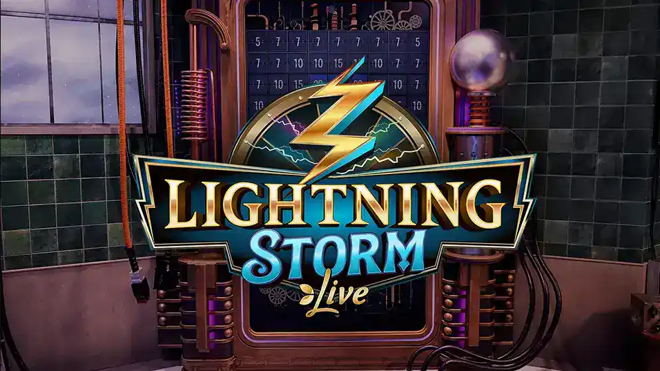 El logo oficial del game show en vivo Lightning Storm en el estudio.