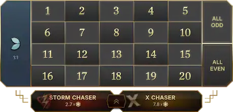 El tablero de apuestas de Lightning Storm con las opciones únicas Storm Chaser y X Chaser.